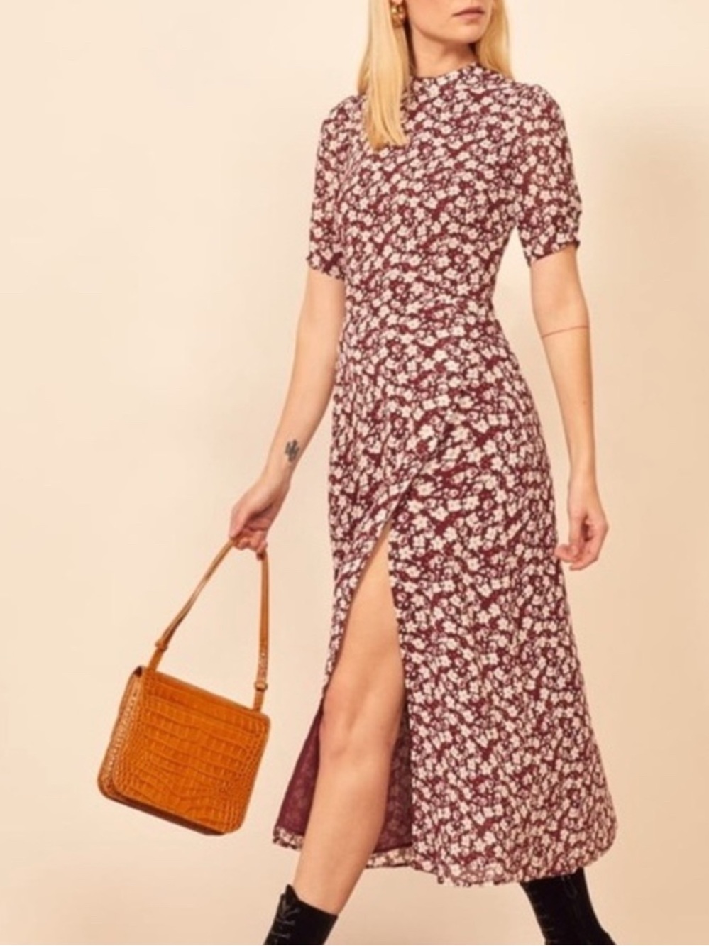 Reformation Floral High-Neck Midi Dress in Burgundy and White
